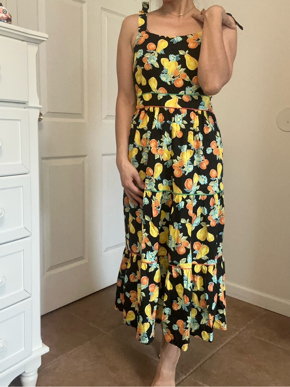 Adelyn Rae Black Midi Dress with Yellow & Orange Fruit Print